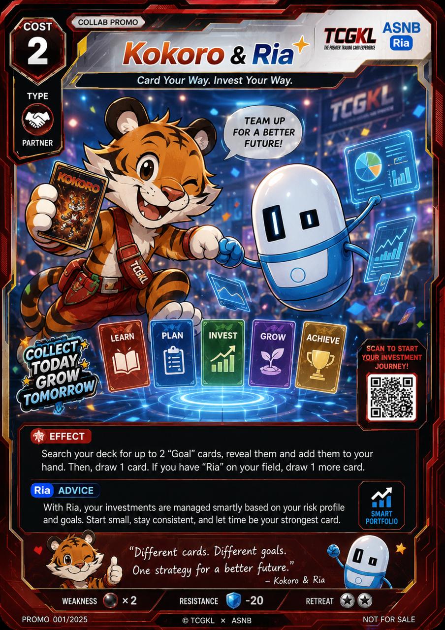 Kokoro & Ria Promo Card — Dark variant. Effect: Search your deck for up to 2 Goal cards. Ria Advice: With Ria, your investments are managed smartly based on your risk profile and goals.